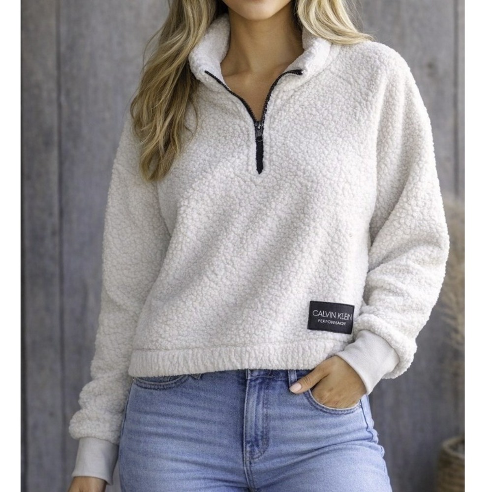 Calvin Klein Performance Sherpa Fleece 1/4 Zip Pullover White Womens Size L